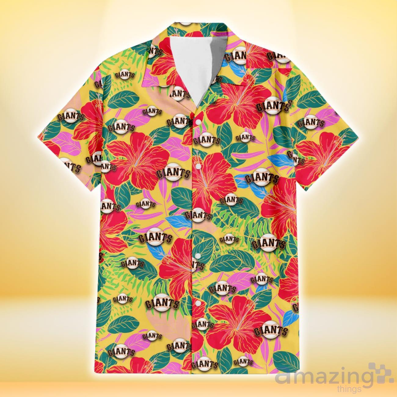 San Francisco Giants Red Hibiscus Green Blue Leaf Yellow Background 3D Hawaiian Shirt Gift For Fans image San Francisco Giants Red Hibiscus Green Blue Leaf Yellow Background 3D Hawaiian Shirt Gift For Fans Product Photo 2