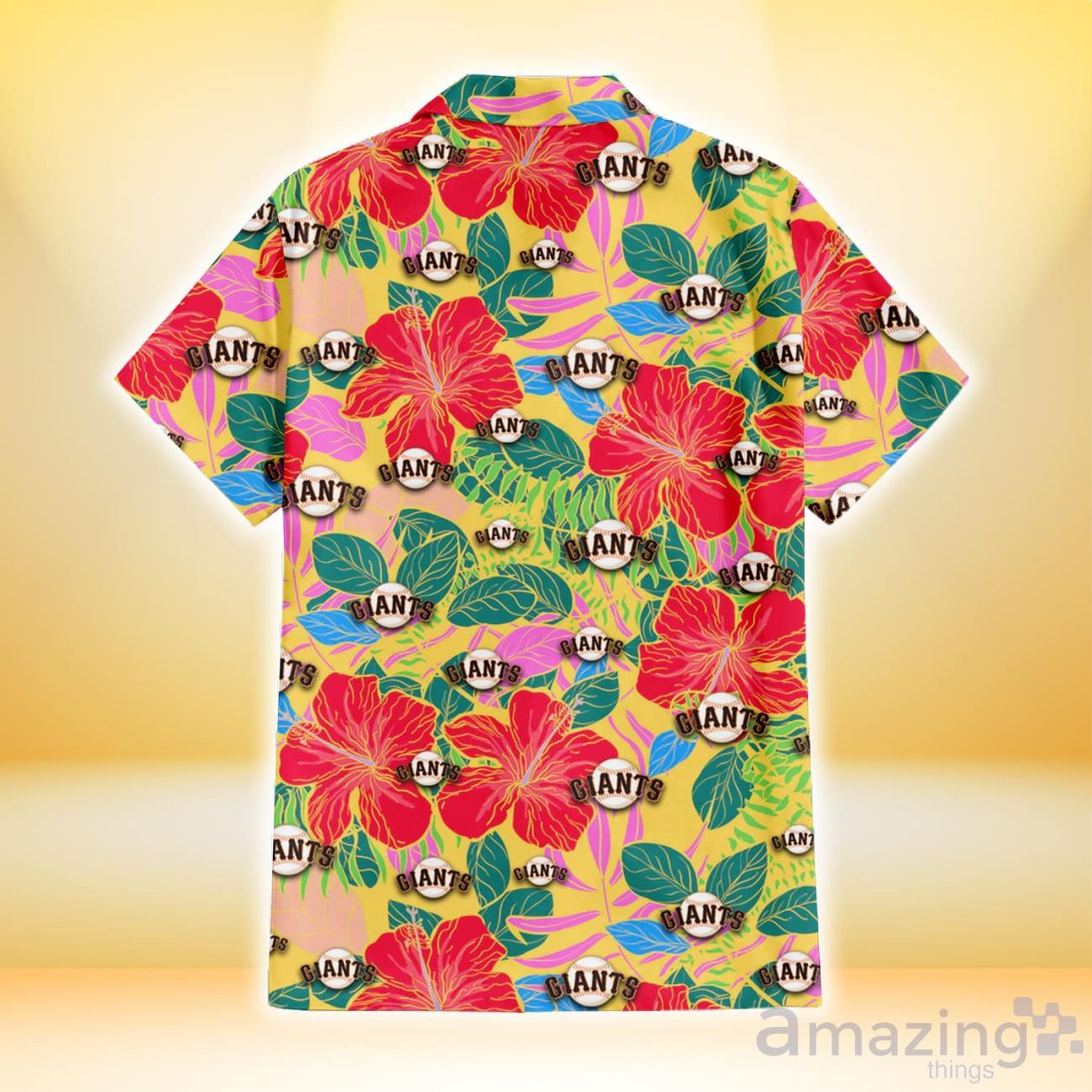 San Francisco Giants Red Hibiscus Green Blue Leaf Yellow Background 3D Hawaiian Shirt Gift For Fans image San Francisco Giants Red Hibiscus Green Blue Leaf Yellow Background 3D Hawaiian Shirt Gift For Fans Product Photo 3
