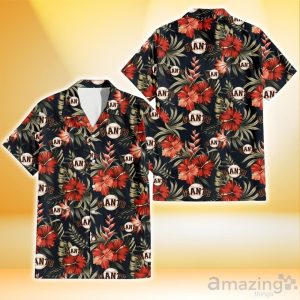 San Francisco Giants Red Hibiscus Green Leaf Dark Background 3D Hawaiian Shirt Gift For Fans Product Photo 1