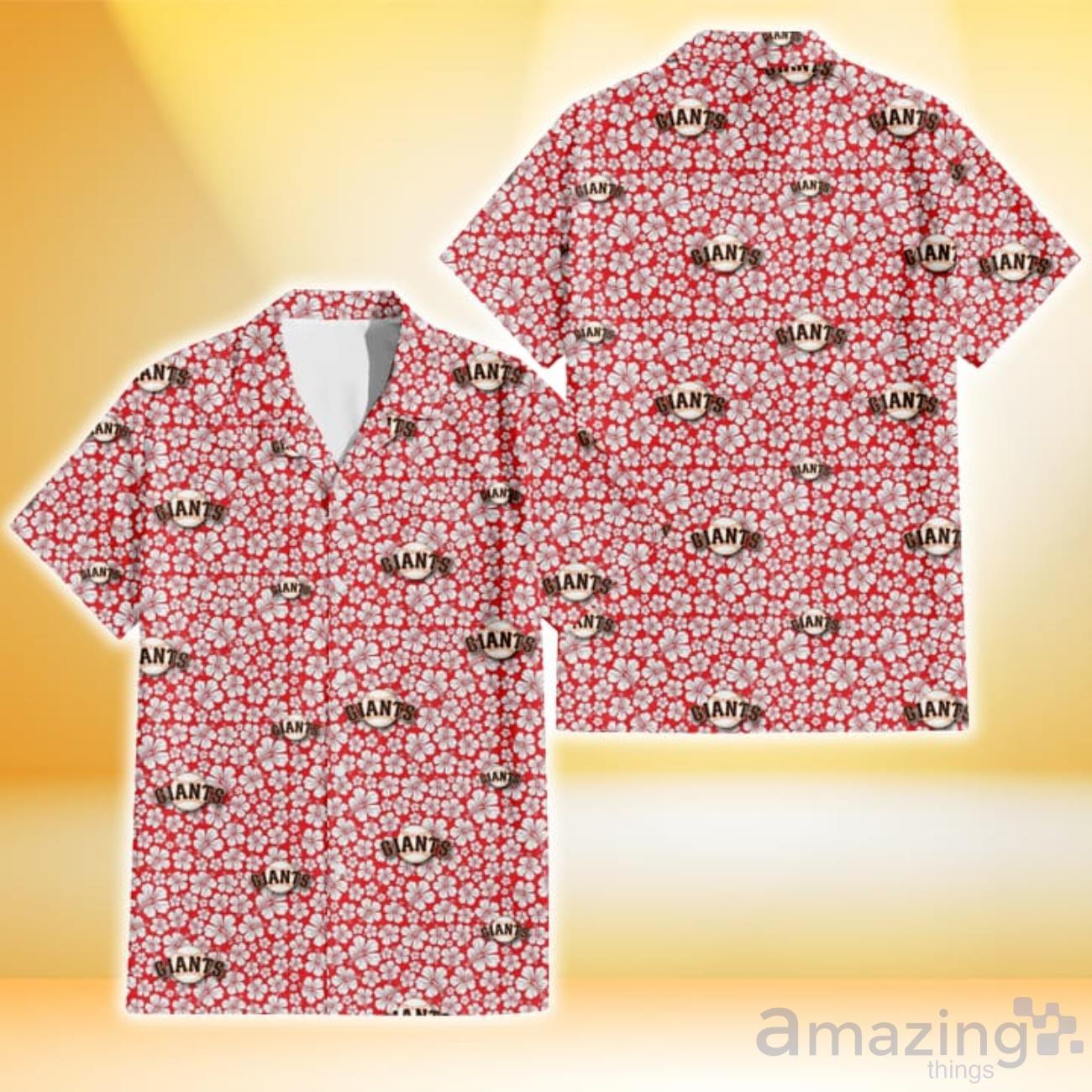 San Francisco Giants White Tropical Leaf Red Hibiscus Navy Background Hawaiian  Shirt