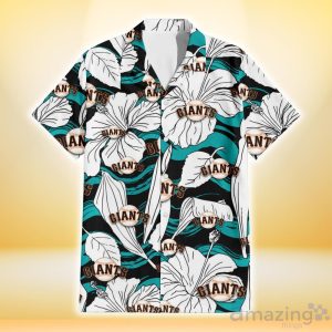 San Francisco Giants White Hibiscus Turquoise Wave Black Background 3D Hawaiian Shirt Gift For Fans Product Photo 2