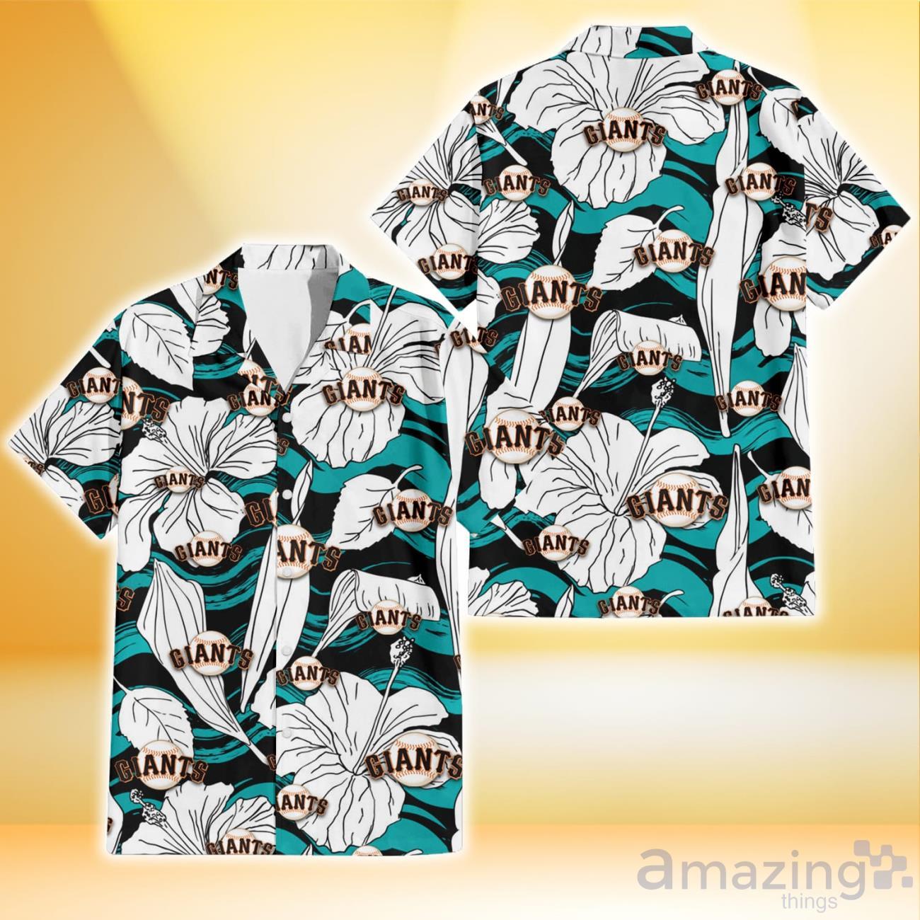 San Francisco Giants White Hibiscus Turquoise Stripe Background Hawaiian  Shirt