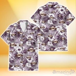 San Francisco Giants White Hibiscus Violet Leaves Light Grey Background 3D Hawaiian Shirt Gift For Fans Product Photo 2