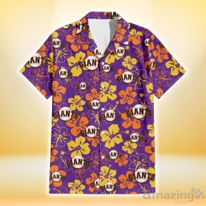 San Francisco Giants Yellow And Orange Hibiscus Purple Background 3D Hawaiian Shirt Gift For Fans image San Francisco Giants Yellow And Orange Hibiscus Purple Background 3D Hawaiian Shirt Gift For Fans Product Photo 2