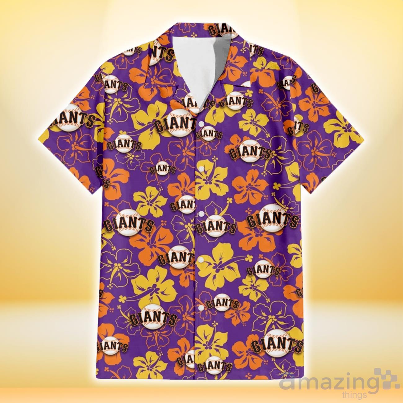 San Francisco Giants Yellow And Orange Hibiscus Purple Background 3D Hawaiian Shirt Gift For Fans image San Francisco Giants Yellow And Orange Hibiscus Purple Background 3D Hawaiian Shirt Gift For Fans Product Photo 2