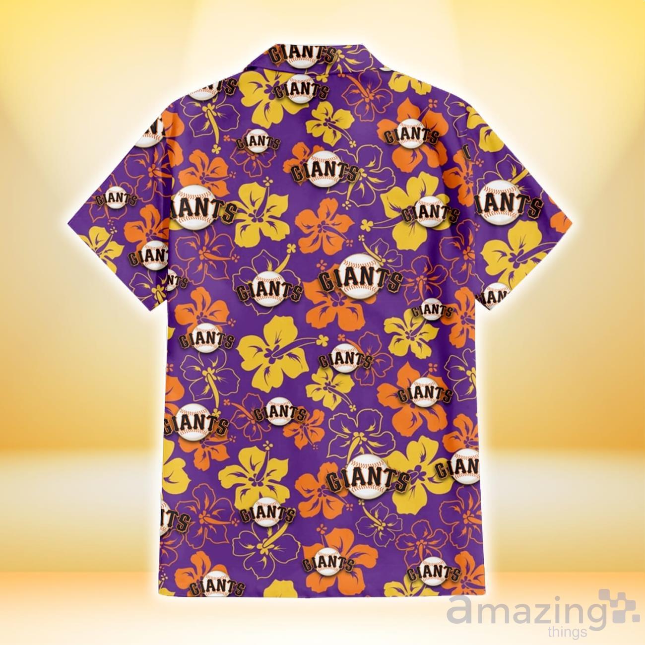 San Francisco Giants Yellow And Orange Hibiscus Purple Background 3D Hawaiian Shirt Gift For Fans image San Francisco Giants Yellow And Orange Hibiscus Purple Background 3D Hawaiian Shirt Gift For Fans Product Photo 3