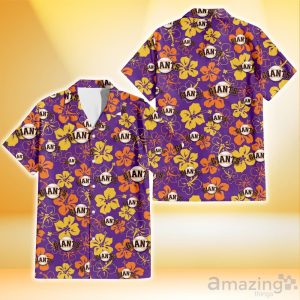San Francisco Giants Yellow And Orange Hibiscus Purple Background 3D Hawaiian Shirt Gift For Fans Product Photo 1