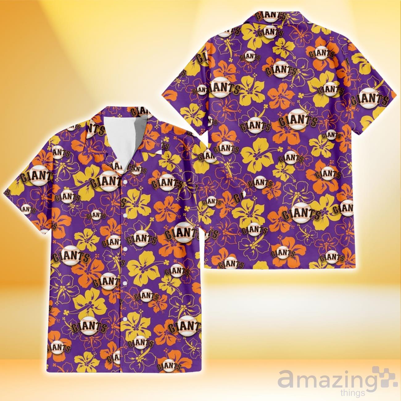 San Francisco Giants Yellow And Orange Hibiscus Purple Background 3D Hawaiian Shirt Gift For Fans image San Francisco Giants Yellow And Orange Hibiscus Purple Background 3D Hawaiian Shirt Gift For Fans Product Photo 1