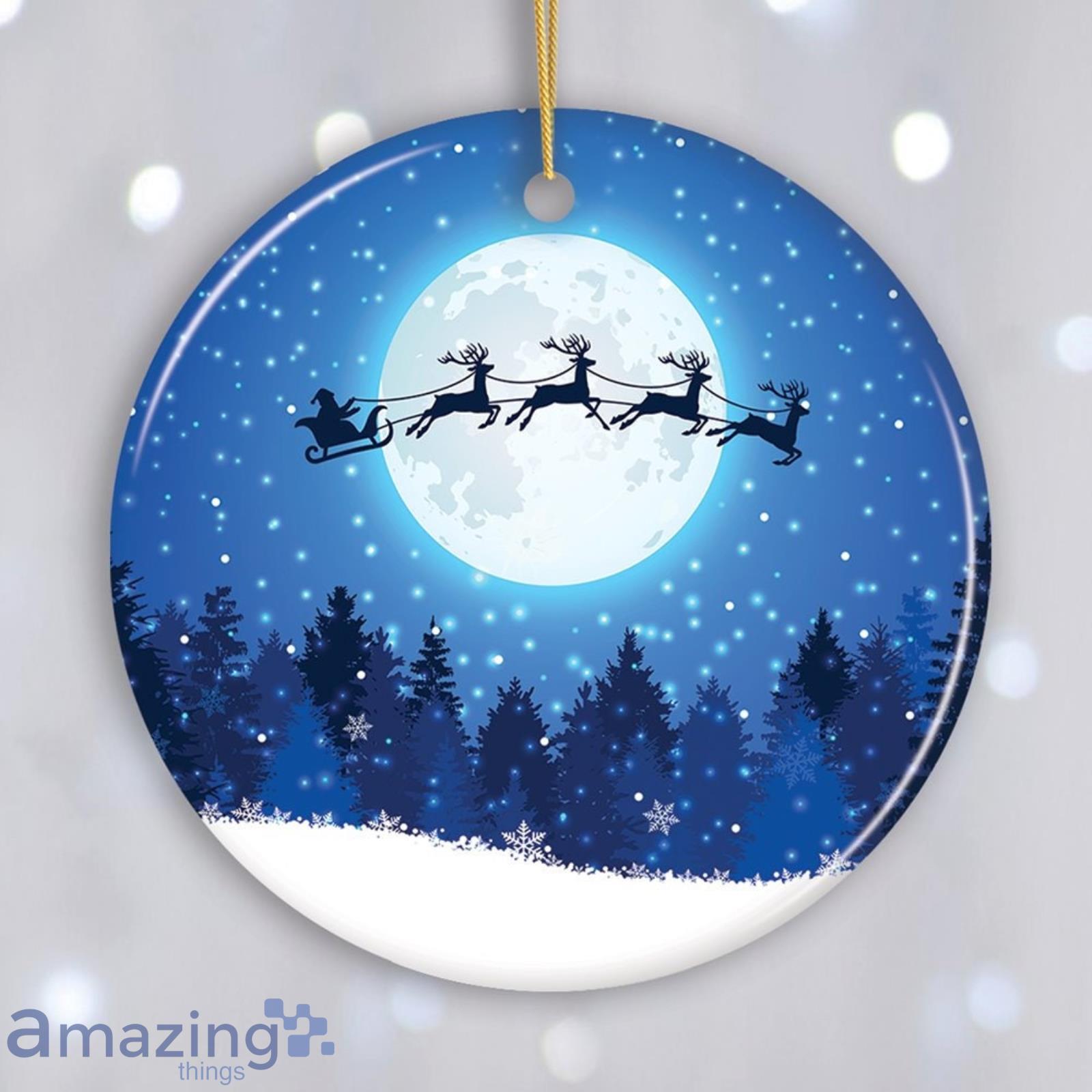 Santa Claus and Reindeer Silhouette over Full Moon Ornament, Nighttime Forest Snow Scene Product Photo 1