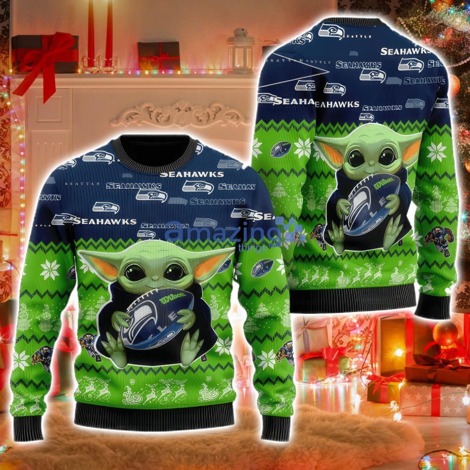 Seattle Seahawks Baby Yoda Lover Ugly Christmas Sweater Product Photo 1