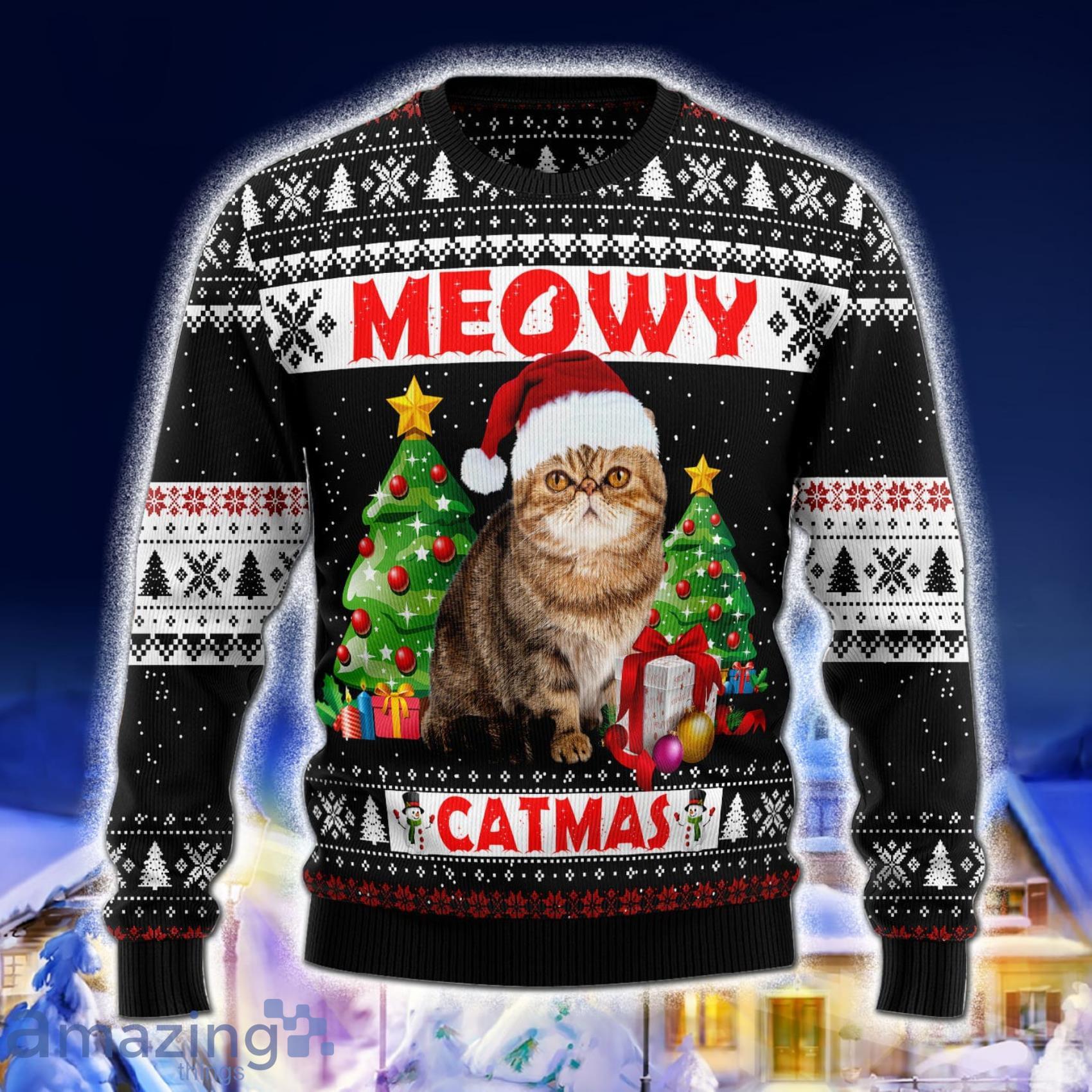 Skull Santa Clause Meowy Catmas Black Christmas Ugly 3D Sweater Product Photo 1