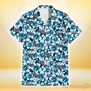 Tampa Bay Rays Blue Line White Hibiscus Black Background 3D Hawaiian Shirt Gift For Fans Product Photo 2