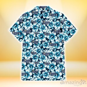 Tampa Bay Rays Blue Line White Hibiscus Black Background 3D Hawaiian Shirt Gift For Fans Product Photo 3