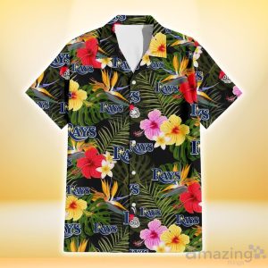 Tampa Bay Rays Colorful Hibiscus Green Leaf Back Background 3D Hawaiian Shirt Gift For Fans image Tampa Bay Rays Colorful Hibiscus Green Leaf Back Background 3D Hawaiian Shirt Gift For Fans Product Photo 2
