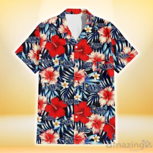 Tampa Bay Rays Coral Red Hibiscus Blue Palm Leaf Black Background 3D Hawaiian Shirt Gift For Fans Product Photo 2