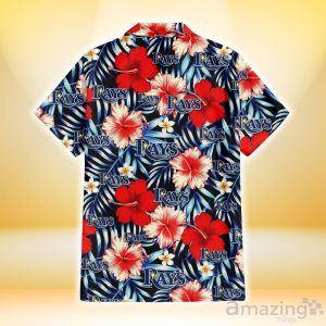 Tampa Bay Rays Coral Red Hibiscus Blue Palm Leaf Black Background 3D Hawaiian Shirt Gift For Fans Product Photo 3