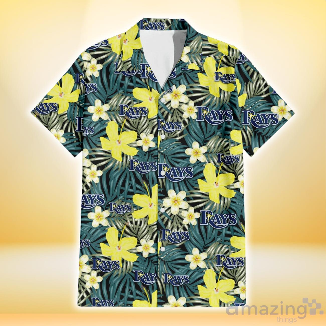Tampa Bay Rays Hibiscus Green Palm Leaf Black Background 3D Hawaiian Shirt Gift For Fans image Tampa Bay Rays Hibiscus Green Palm Leaf Black Background 3D Hawaiian Shirt Gift For Fans Product Photo 2