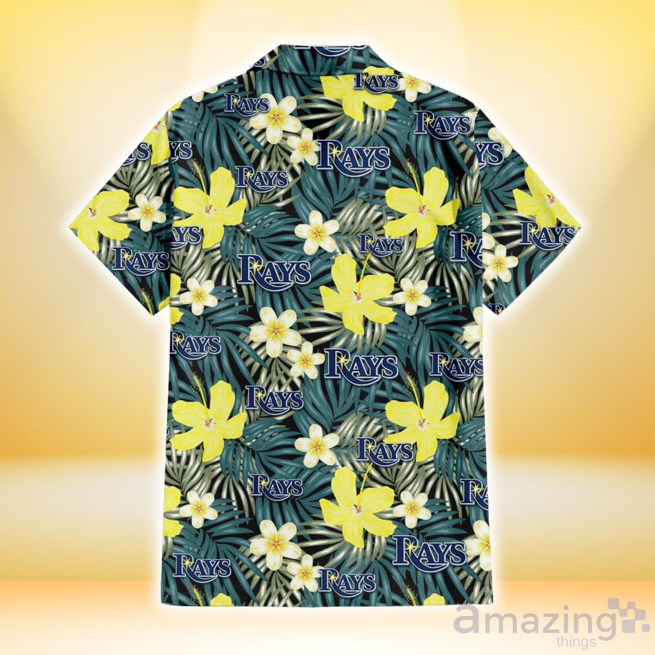 Tampa Bay Rays Hibiscus Green Palm Leaf Black Background 3D Hawaiian Shirt Gift For Fans image Tampa Bay Rays Hibiscus Green Palm Leaf Black Background 3D Hawaiian Shirt Gift For Fans Product Photo 3