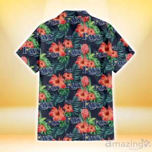 Tampa Bay Rays Orange Hibiscus Green Tropical Leaf Dark Background 3D Hawaiian Shirt Gift For Fans Product Photo 3