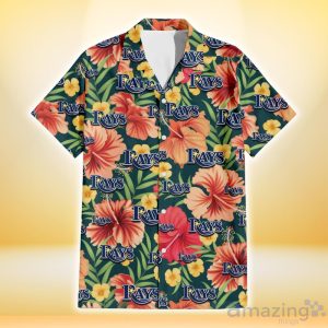 Tampa Bay Rays Orange Red Hibiscus Green Leaf Dark Background 3D Hawaiian Shirt Gift For Fans Product Photo 2