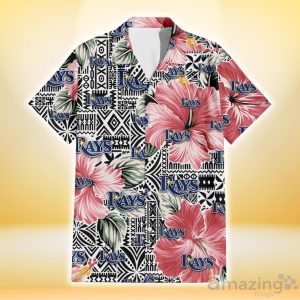Tampa Bay Rays Pink Hibiscus Black Pattern White Background 3D Hawaiian Shirt Gift For Fans Product Photo 2