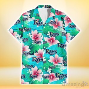 Tampa Bay Rays Pink Hibiscus Green Leaf Blue Background 3D Hawaiian Shirt Gift For Fans Product Photo 2