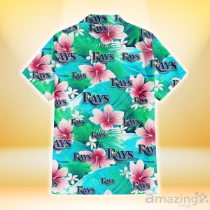 Tampa Bay Rays Pink Hibiscus Green Leaf Blue Background 3D Hawaiian Shirt Gift For Fans Product Photo 3