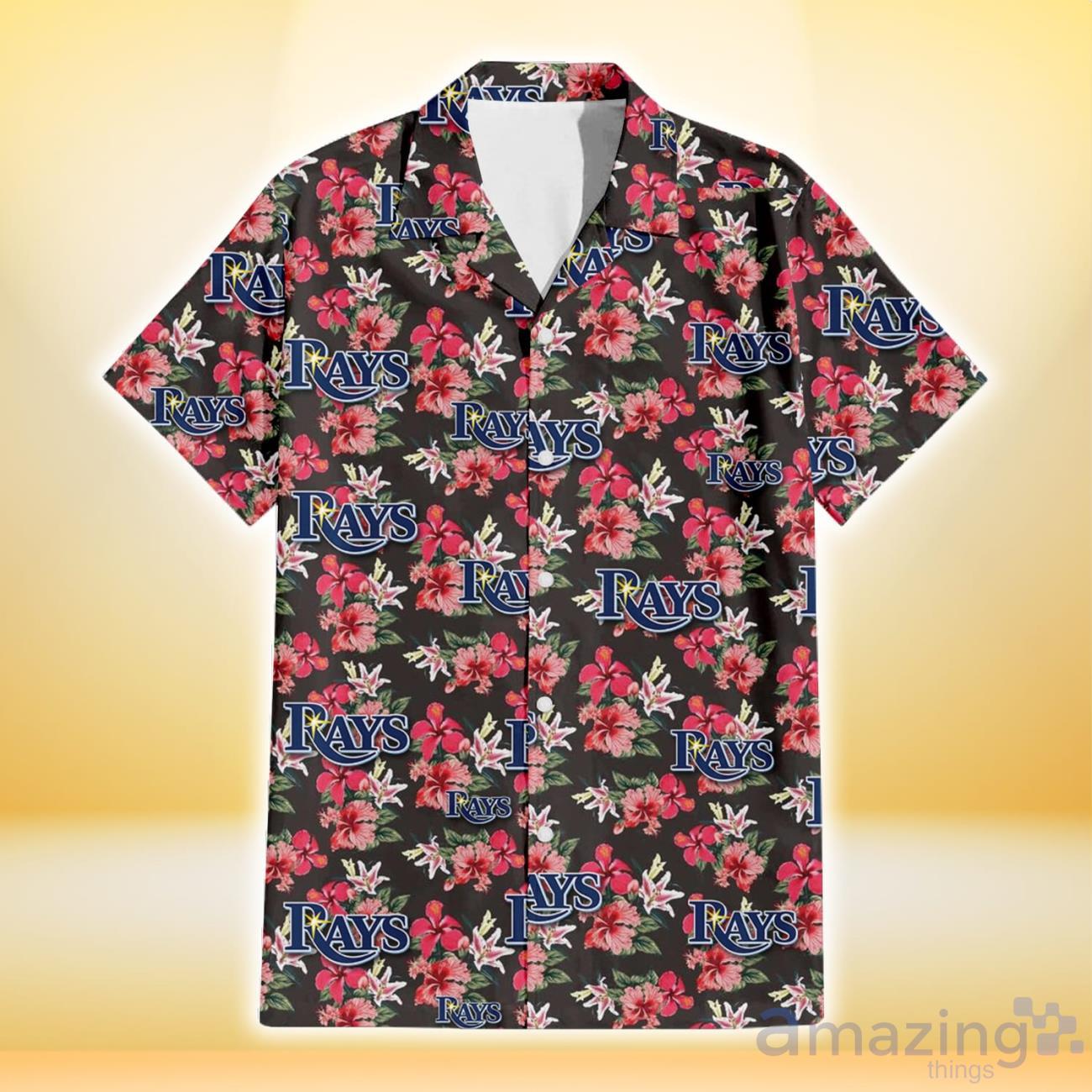 Tampa Bay Rays Pink Hibiscus Orchid Brown Background 3D Hawaiian Shirt Gift For Fans image Tampa Bay Rays Pink Hibiscus Orchid Brown Background 3D Hawaiian Shirt Gift For Fans Product Photo 2