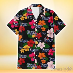 Tampa Bay Rays Pink Orange Yellow White Hibiscus Black Background 3D Hawaiian Shirt Gift For Fans Product Photo 2
