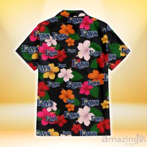 Tampa Bay Rays Pink Orange Yellow White Hibiscus Black Background 3D Hawaiian Shirt Gift For Fans Product Photo 3