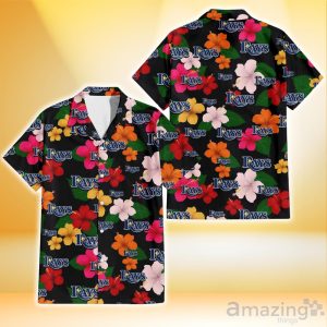 Tampa Bay Rays Pink Orange Yellow White Hibiscus Black Background 3D Hawaiian Shirt Gift For Fans Product Photo 1