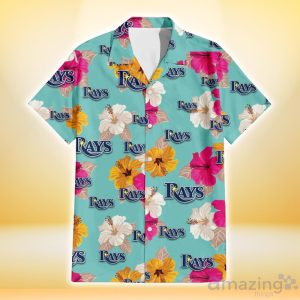 Tampa Bay Rays Pink Yellow White Hibiscus Turquoise Background 3D Hawaiian Shirt Gift For Fans Product Photo 2
