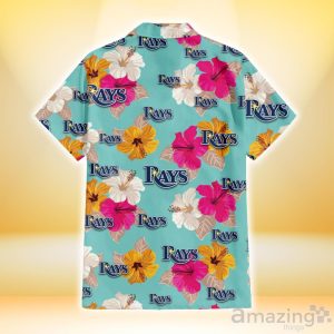 Tampa Bay Rays Pink Yellow White Hibiscus Turquoise Background 3D Hawaiian Shirt Gift For Fans Product Photo 3