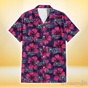 Tampa Bay Rays Plum Vilolet Hibiscus Dark Navy Leaf Black 3D Hawaiian Shirt Gift For Fans Product Photo 2