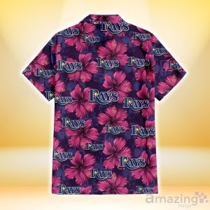 Tampa Bay Rays Plum Vilolet Hibiscus Dark Navy Leaf Black 3D Hawaiian Shirt Gift For Fans Product Photo 3