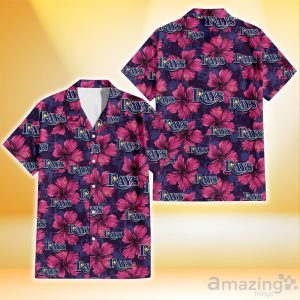 Tampa Bay Rays Plum Vilolet Hibiscus Dark Navy Leaf Black 3D Hawaiian Shirt Gift For Fans Product Photo 1