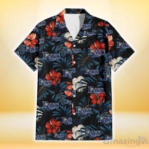 Tampa Bay Rays Red And White Hibiscus Dark Leaf Black Background 3D Hawaiian Shirt Gift For Fans Product Photo 2
