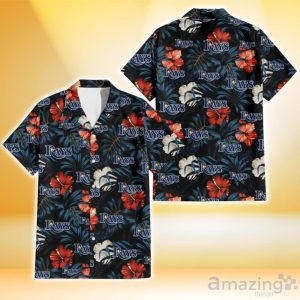 Tampa Bay Rays Red And White Hibiscus Dark Leaf Black Background 3D Hawaiian Shirt Gift For Fans Product Photo 1