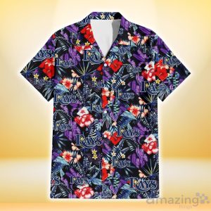 Tampa Bay Rays Red Hibiscus Caro Black Background 3D Hawaiian Shirt Gift For Fans Product Photo 2