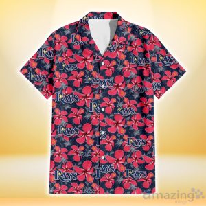 Tampa Bay Rays Red Hibiscus Dark Gray Background 3D Hawaiian Shirt Gift For Fans image Tampa Bay Rays Red Hibiscus Dark Gray Background 3D Hawaiian Shirt Gift For Fans Product Photo 2