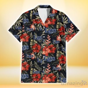 Tampa Bay Rays Red Hibiscus Green Leaf Dark Background 3D Hawaiian Shirt Gift For Fans Product Photo 2