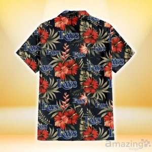 Tampa Bay Rays Red Hibiscus Green Leaf Dark Background 3D Hawaiian Shirt Gift For Fans Product Photo 3