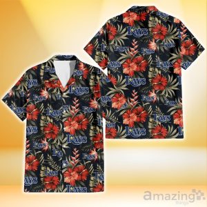 Tampa Bay Rays Red Hibiscus Green Leaf Dark Background 3D Hawaiian Shirt Gift For Fans Product Photo 1