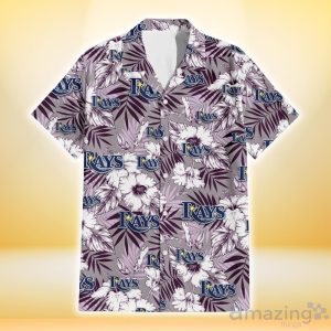 Tampa Bay Rays White Hibiscus Violet Leaves Light Grey Background 3D Hawaiian Shirt Gift For Fans Product Photo 2