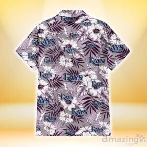 Tampa Bay Rays White Hibiscus Violet Leaves Light Grey Background 3D Hawaiian Shirt Gift For Fans Product Photo 3