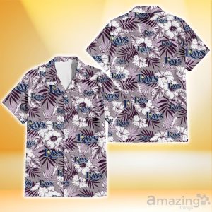 Tampa Bay Rays White Hibiscus Violet Leaves Light Grey Background 3D Hawaiian Shirt Gift For Fans Product Photo 1