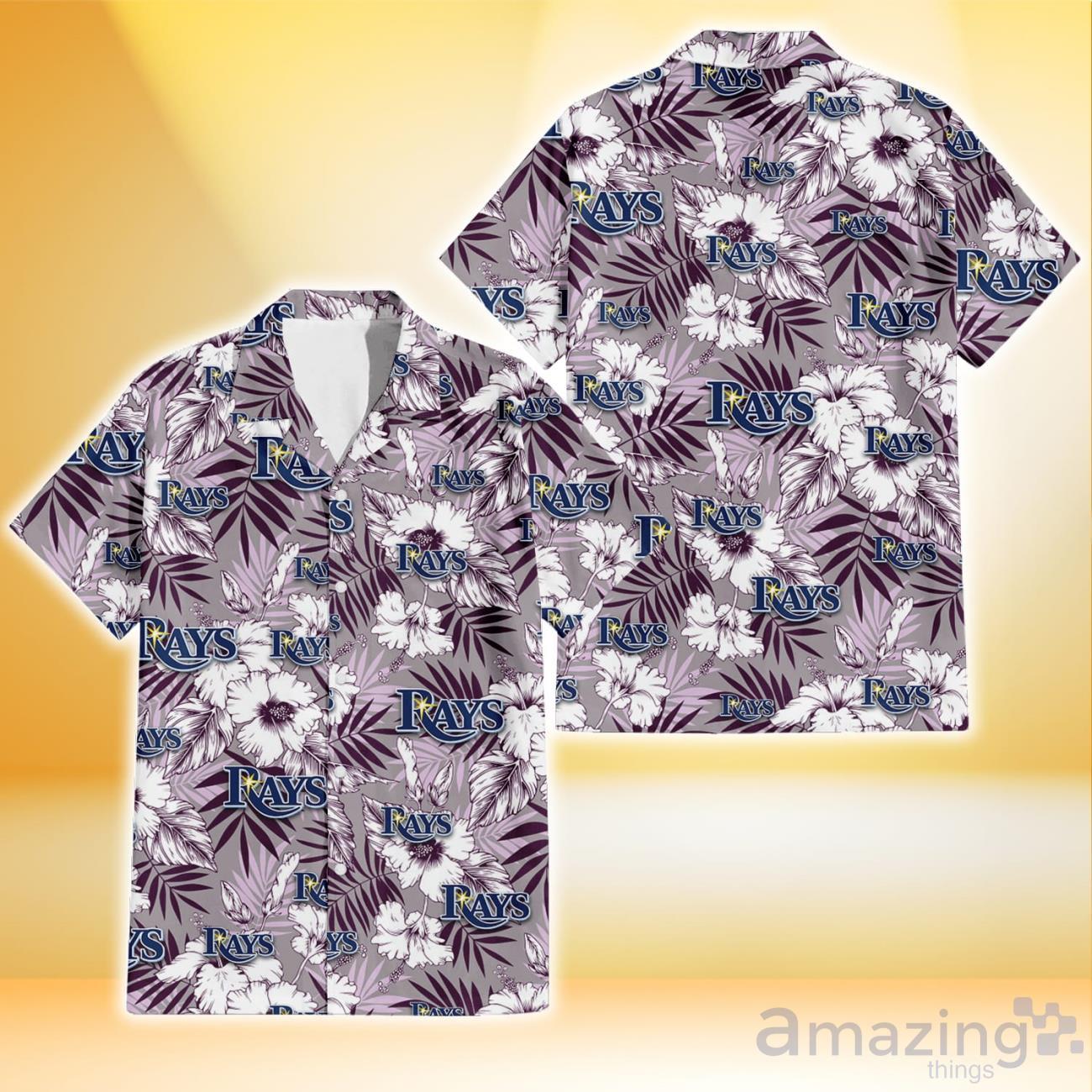 Tampa Bay Rays White Hibiscus Violet Leaves Light Grey Background 3D  Hawaiian Shirt Gift For Fans