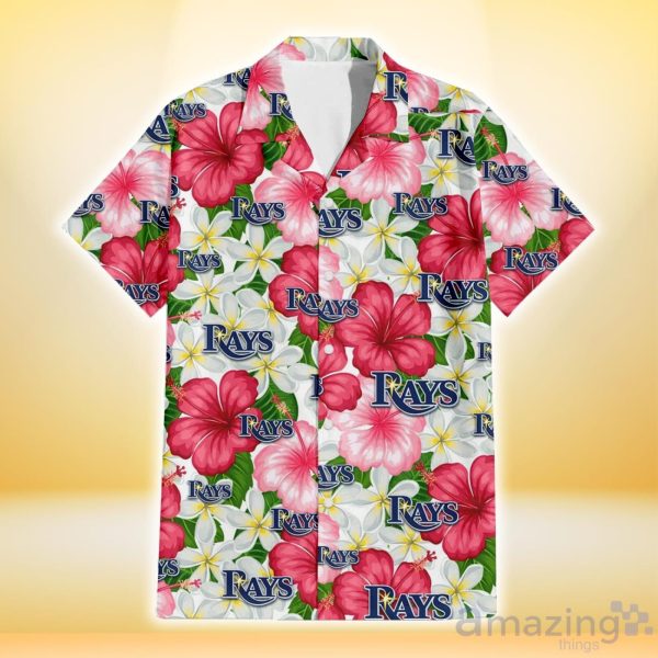 Tampa Bay Rays Logo And Red Pink White Hibiscus 3D Hawaiian Shirt