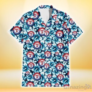 Texas Rangers Blue Line White Hibiscus Black Background 3D Hawaiian Shirt Gift For Fans Product Photo 2