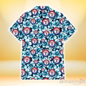 Texas Rangers Blue Line White Hibiscus Black Background 3D Hawaiian Shirt Gift For Fans Product Photo 3